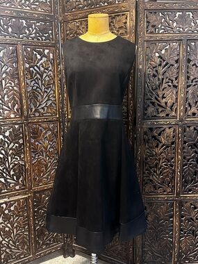 Calvin Klein Black Suede Sleeveless A-Line Dress with Faux Leather Trim